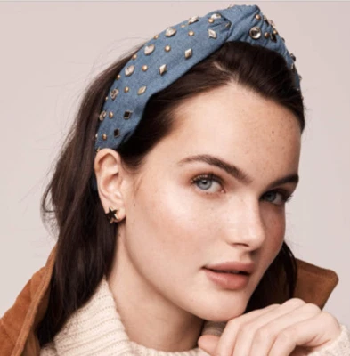 Lele Sadoughi Crystal and Stud  Knotted Headband  Denim NWT - Image 1 of 4