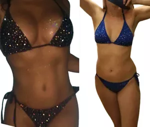 Set costume da bagno donna sexy perizoma bikini scintillante strass nero o blu - Foto 1 di 17