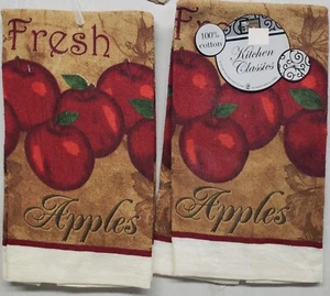 Set of 2 Same Printed Kitchen Towels (15"x25") FRESH RED APPLES ON TAN # 18, BH - Picture 1 of 7