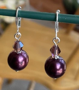 12mm ROUND BURGUNDY BERRY FAUX PEARL CRYSTAL DROP 925 SILVER LEVER BACK EARRINGS - Picture 1 of 12