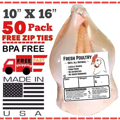 MQP / FLAVORSEAL MADE IN THE USA POULTRY SHRINK BAGS 10" X 16" + FREE ZIP TIES FREEZER SAFE MADE IN THE USA 🇺🇸
