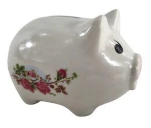 White Ceramic Piggy Bank w Pink Rose & Leaf Vine on Side 4" x 3" x 3" Vintage - Picture 1 of 9