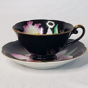 Vintage Fine Bone China Iris Teacup and Saucer Black with Gold Trim 1950 Japan