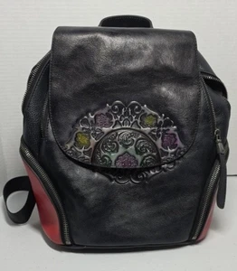 ZHUOLIANG Zaino/Borsa a Libro in Vera Pelle Multicolore Goffrata Nero con Lato Rosso - Foto 1 di 5
