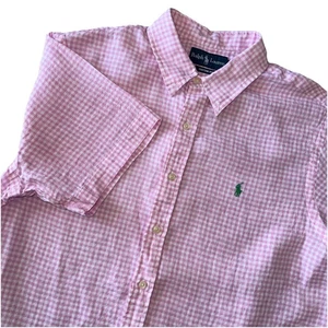 Ralph Lauren X-Large Pink White Gingham 100% Linen Classic Fit Short Sleeve Mens - Picture 1 of 5
