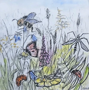 Vintage drawing ink colored Blooming meadow butterfly bee dragonfly signed 1970s - Picture 1 of 1