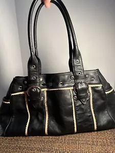 DESMO Lg Italian Made Black Handbag With Cream Stitching Silver Hardware 10x16 - Picture 1 of 12