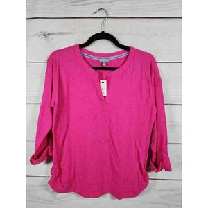 Talbots Womens Pink Speckled Roll Tab Sleeve V-Neck Blouse Size Small Petite NWT - Picture 1 of 6