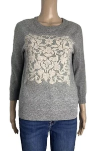 J. Leichter Pullover Crew Kaschmir Wollmischung grau Blumenapplikation Gr. XS - Bild 1 von 10
