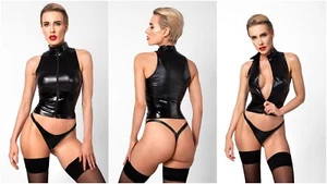 F324 Noir Handmade Wetlook Top Zamek błyskawiczny Bustier Clubwear Bluzka czarna Nowa - Zdjęcie 1 z 30