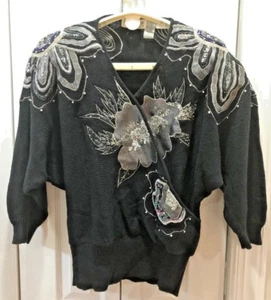 VTG 1987 BONNIE BOERER FLORAL SILVER SEQUIN BEADED BLACK SWEATER -MEDIUM - MINT - Picture 1 of 9