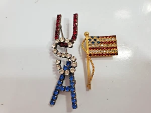2er Set Vintage Brosche Anstecknadel amerikanische Flagge Strass goldfarben 5028/10 - Bild 1 von 12