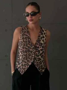 Women\'s Vest Fashion Leopard Summer V-Neck Single-breasted Vest Top Ladies - Picture 1 of 8