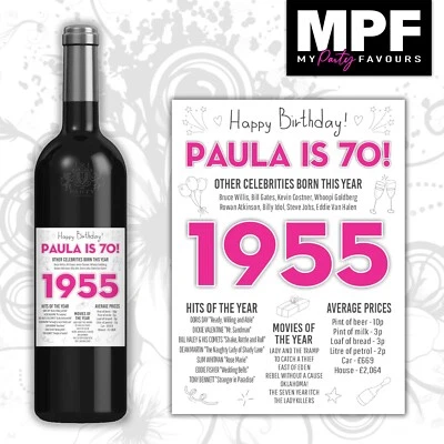 Personalised 1955 70th Birthday Wine Gin Vodka Bottle Label - Pink - Image 1 of 4