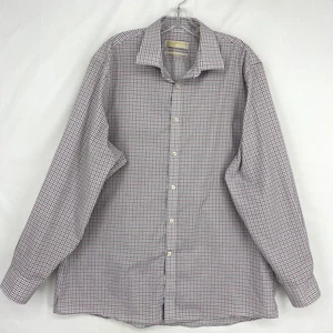 Michael Kors Mens Size 17 34/35 Button Front Shirt Purple Gray Check 100% Cotton - Picture 1 of 7