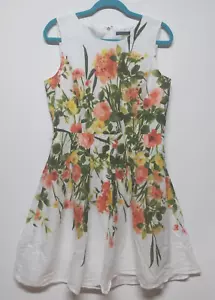 Tommy Hilfiger Dress Sz 12 Floral Sleeveless cotton fit flare white green light - Picture 1 of 9