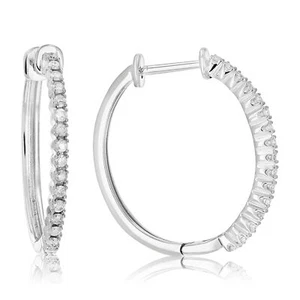 1/5 ct Diamond Hoop Earrings Women in .925 Sterling Silver with Rhodium 3/4 Inch - Picture 1 of 8