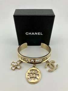Chanel Gold Charm Bracelet Cuff Pearl Cross. Rhinestone CC. CH154 - Picture 1 of 5