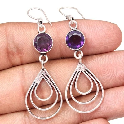 Amethyst Quartz Gemstone Handmade Silver Jewelry Earrings 1.5'' - Image 1 of 4