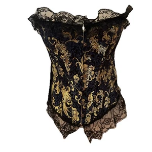 Vintage Showgirl Goth Black Gold Blue Lace Up Corset Top Bustier Size Small - Picture 1 of 10