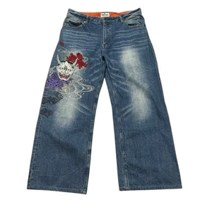 362 00s Y2K Karakuri Tamashii embroidered jeans denim pants blue Japanese script - Picture 1 of 24