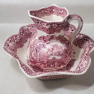 Mason's Vista Pink/Red Pitcher Smal Wash Basin Bowl Set 2 England Ironstone Read - Picture 1 of 11