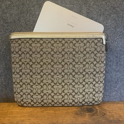 COACH F61035 Signature C Canvas Logo Tablet iPad Sleeve Carry Case Tan Gold Zip - Image 1 of 4
