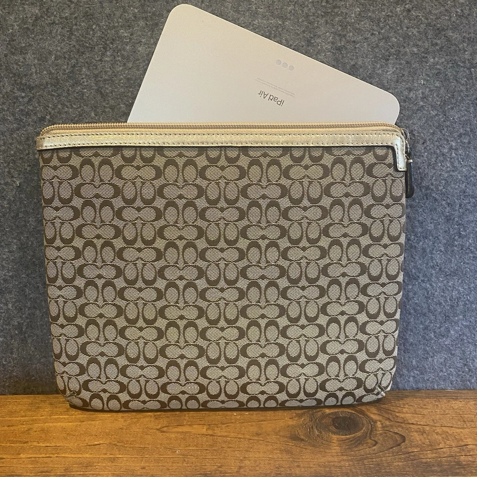 COACH F61035 Signature C Canvas Logo Tablet iPad Sleeve Carry Case Tan Gold Zip - Image 1 of 4