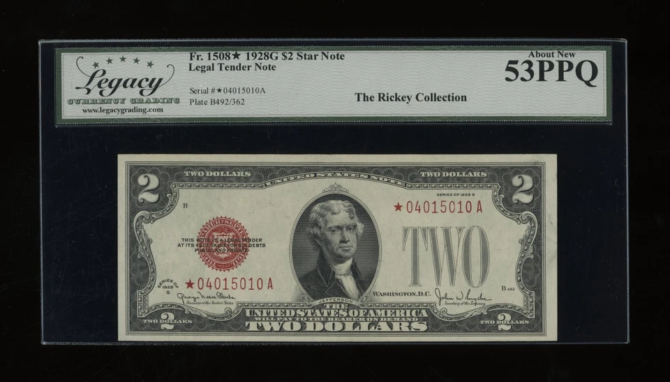 DBR 1928-G $2 Legal Fr. 1508 STAR Legacy 53 PPQ Serial *04015010A - Image 1 of 2