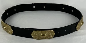 Vintage Donna Katz Black Gold Tone Medallion Leather Belt Womens S Concho Chunky - Picture 1 of 6