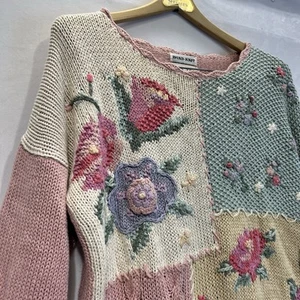 Vintage Erika Handstrick Pastell Rosa Blumen Pullover Größe M * Cottagecore - Bild 1 von 15
