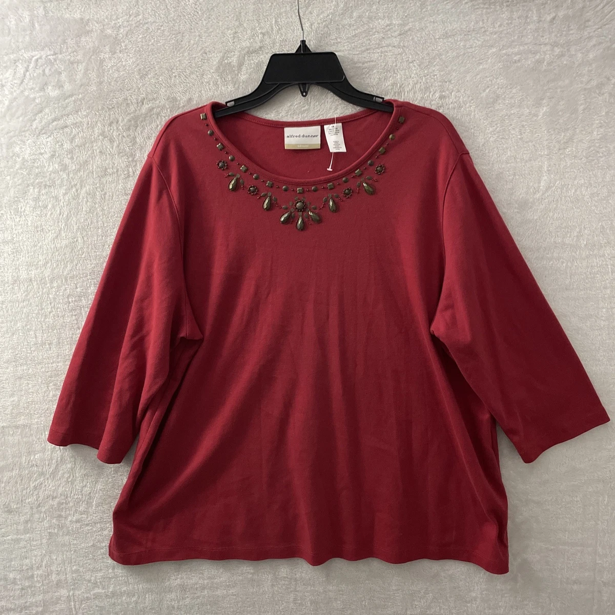 Alfred Dunner Women's Petite Beaded Split Neck 3/4 Sleeve Top - Flowy Blouse With Shirttail Hem
