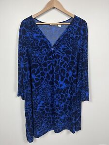 Susan Graver Shirt Womens 2X Blue Floral  Tunic  Long Sleeve Liquid Knit Stretch