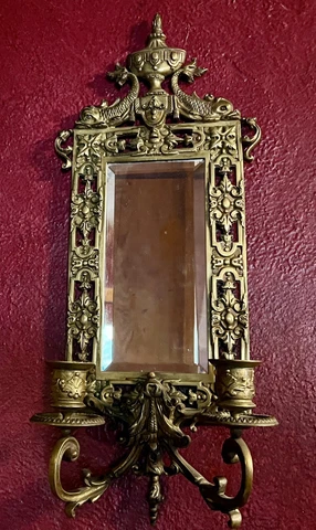 Antique Neoclassical Brass Beveled Mirror & Candleholder  Hollywood Regency Glam Cover