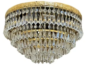 Vintage French Gilt Brass Crystal Wedding Cake Chandelier Flush Mount 4 Lite 12” - Picture 1 of 7