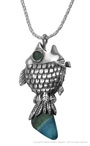 New Sterling Silver Eilat Stone Fish On Hook Handmade Pendant Sapphire Emerald - Picture 1 of 3