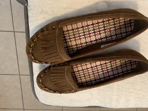 Lands End Womens Shoes Fringe Moccasin Brown 9B Casual Career Western Native - Picture 1 of 24