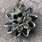Vintage Signed AVON SH Silver Tone AB Black Crystal Rhinestone Flower Brooch Pin