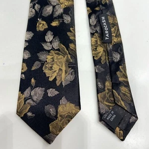 Men's Skinny Tarocash 100% silk Gold Roses New Black Gray Tie - Picture 1 of 3