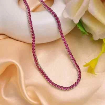 Elegante collar de tenis chapado en oro blanco de 14 quilates rubí rosa creado en laboratorio redondo de 20" 9 quilates Foto 1 de 4