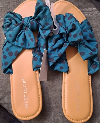 West Loop Women's Sandals Slides Cushioned Insole Green Polka Dot Bow Large - Image 1 of 3