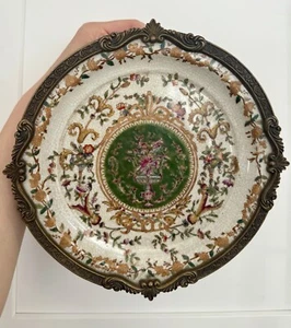 Chinese antique Qing Dynasty Porcelain Brass Plate hand painted w/ brass details - Picture 1 of 5