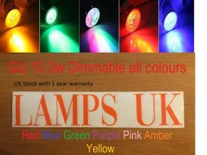  GU 10 3w Dimmable LED colour lamp bulbs gu10 bulb holder UK Stock Very Bright - Picture 1 of 34