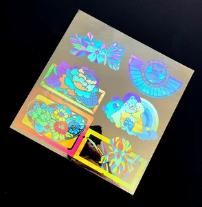 FLOWER BEAR rainbow HEART SUN hologram holographic UNCUT VINTAGE sticker decal - Picture 1 of 7
