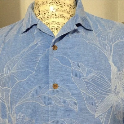 Tommy Bahama Silk Shirt Mens Med Hawaiian Aloha Blue Tropical Leaf Print - Image 1 of 4