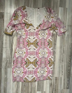 Free People Vneck Sheath Dress Pink Multi Color Short Sleeve Size 6 Boho - Picture 1 of 6