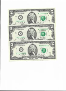 $2.00 DOLLAR BILL SERIES 2013 DALLAS SEQUENTIAL K11111265A - K11111267A UNCIRC - Picture 1 of 2