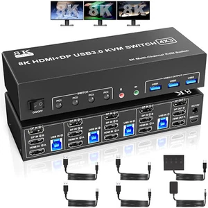 ✅ 8K DP Displayport USB 3.0 KVM Switch 4x3, 3 Monitors 4 Computers, 4K@144Hz ✅ - Afbeelding 1 van 9