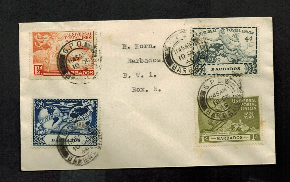 1949 Barbados First Day Cover FDC UPU Set Issue Local use - Image 1 of 1