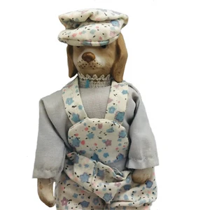spaniel figurine boy child doll hand painted ceramic handmade overalls cap 5.5” - Imagen 1 de 5